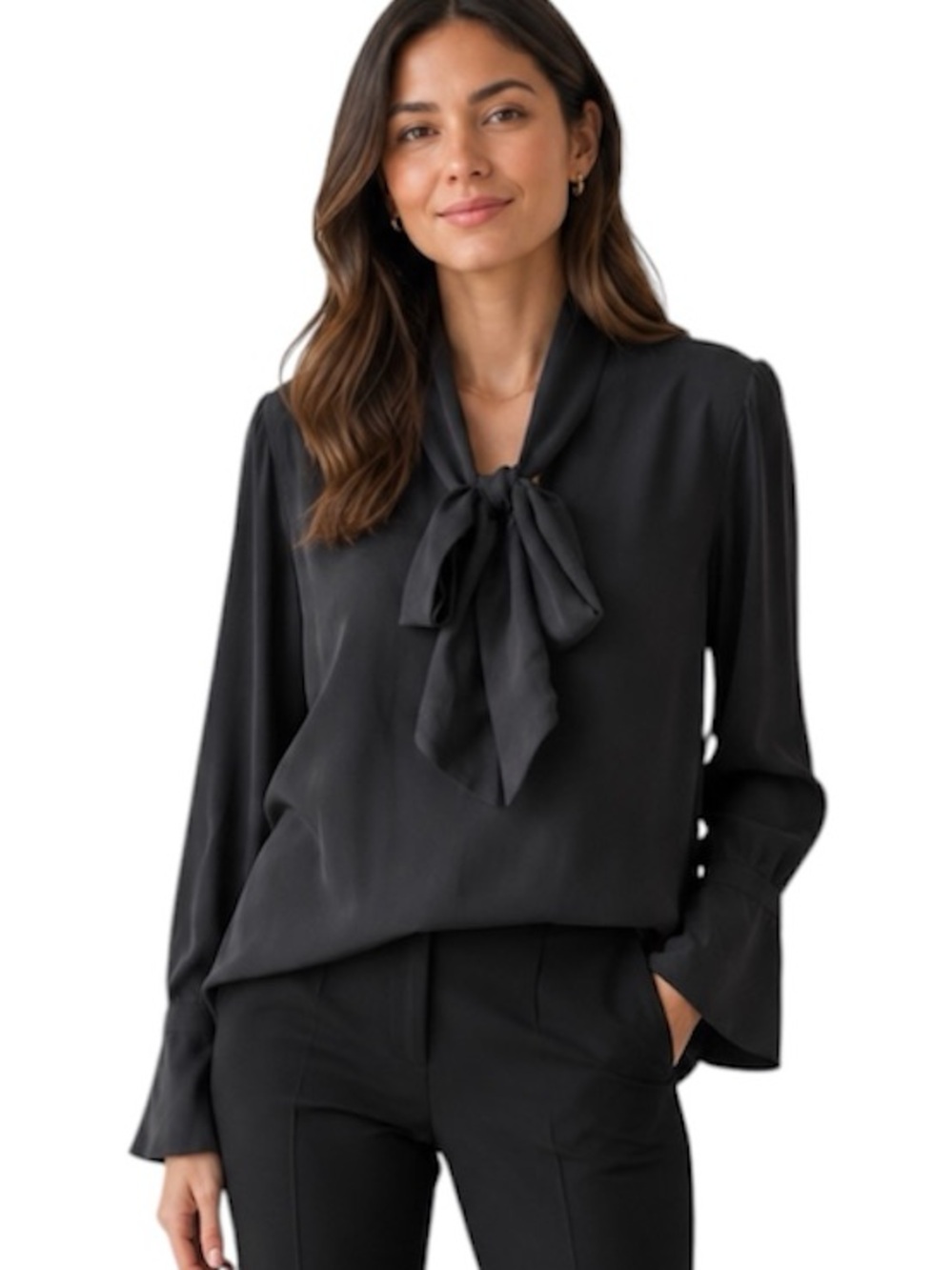 Equipment Femme Black Silk Bow-Tie Neck Long-Sleeve Blouse, Career, Workwear, XS